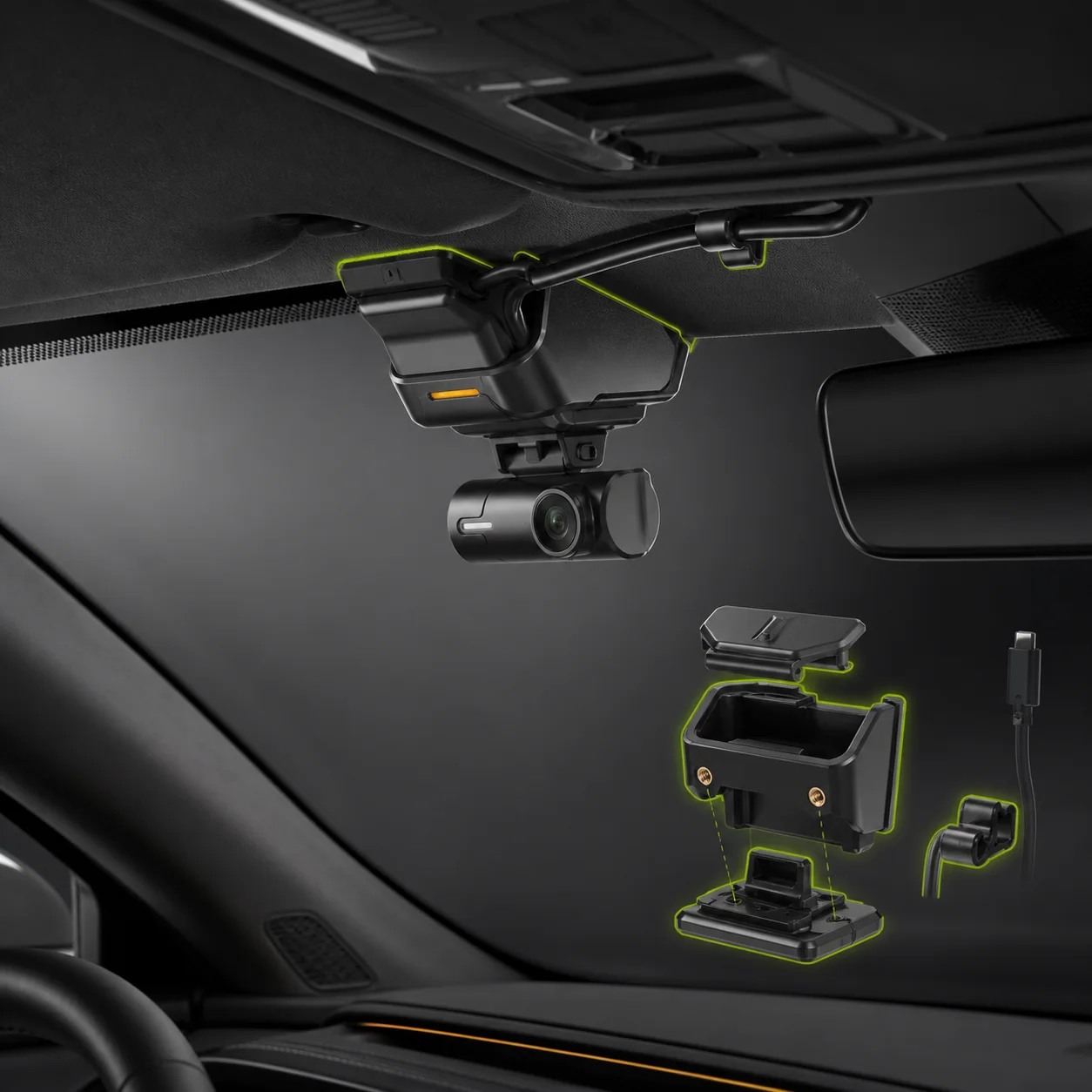 Concept render of a modular dashcam and cable mount near a roof console