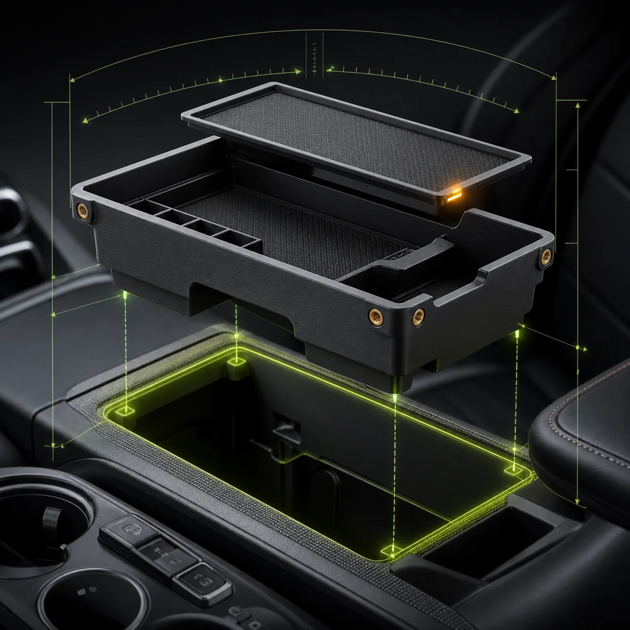 Concept render of an exact-fit centre-console organiser hovering over its vehicle cavity