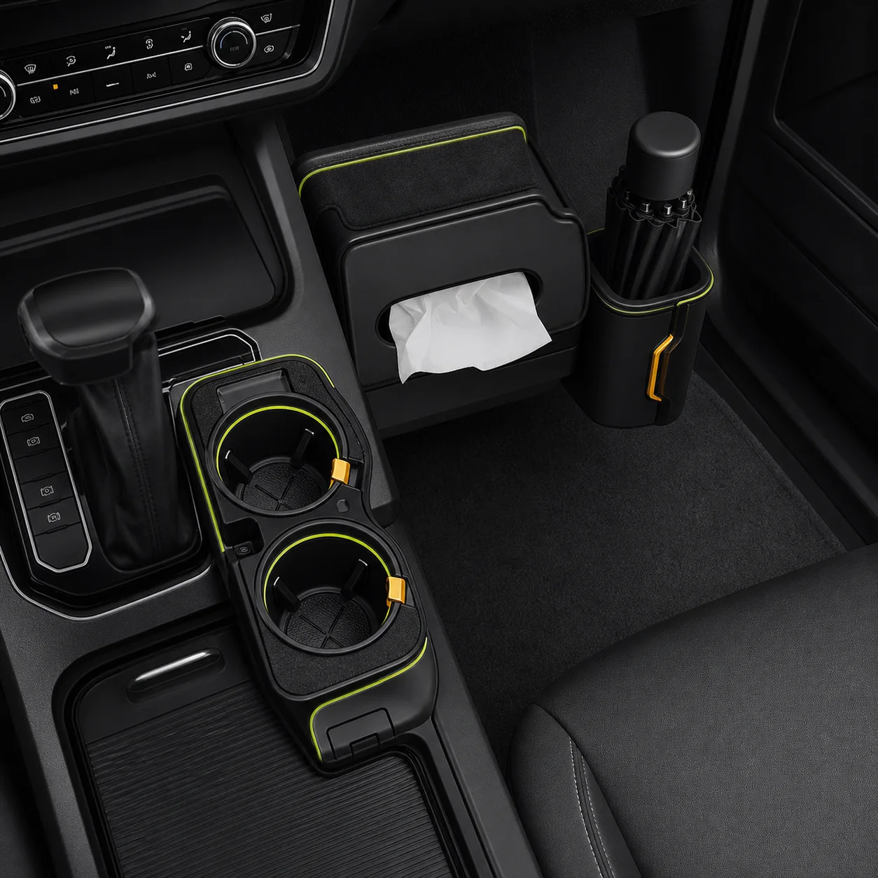 Concept render of a cup adapter, tissue cradle and umbrella mount installed in a cabin