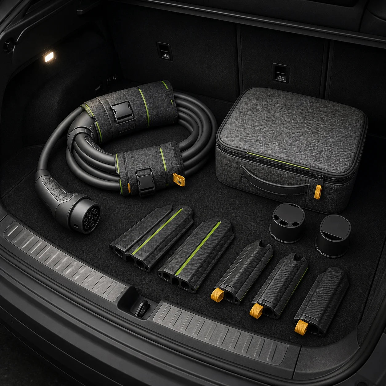 Concept render of an EV travel cable protection kit arranged in a vehicle boot