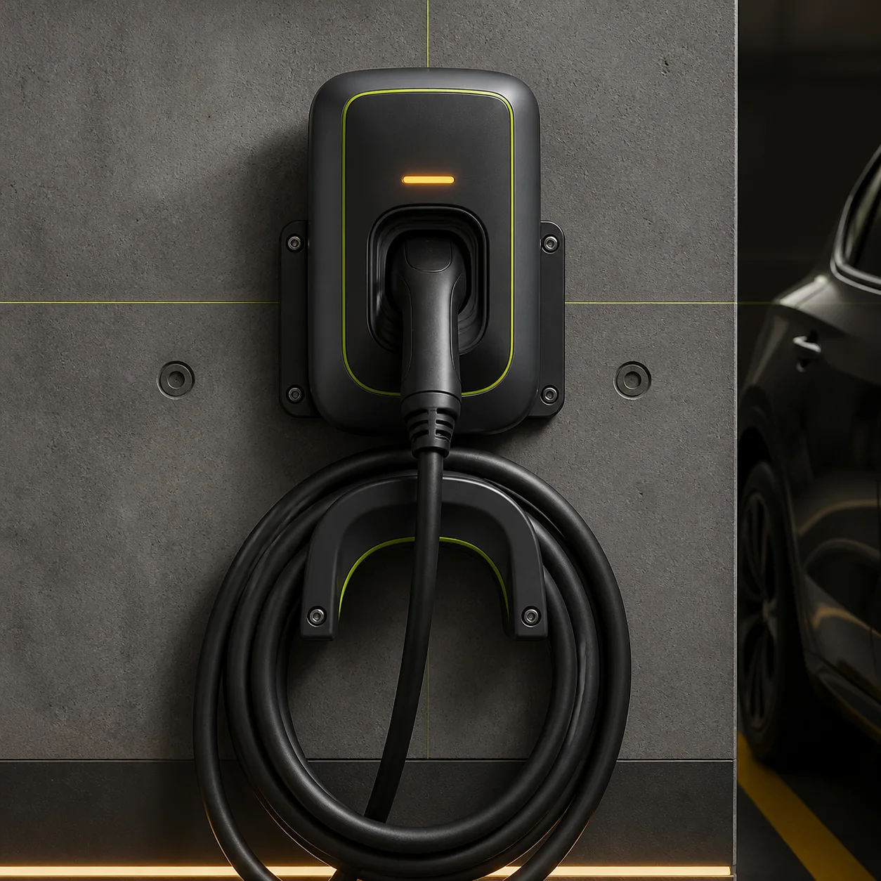 Concept render of an EV connector wall dock and cable guide in a parking bay