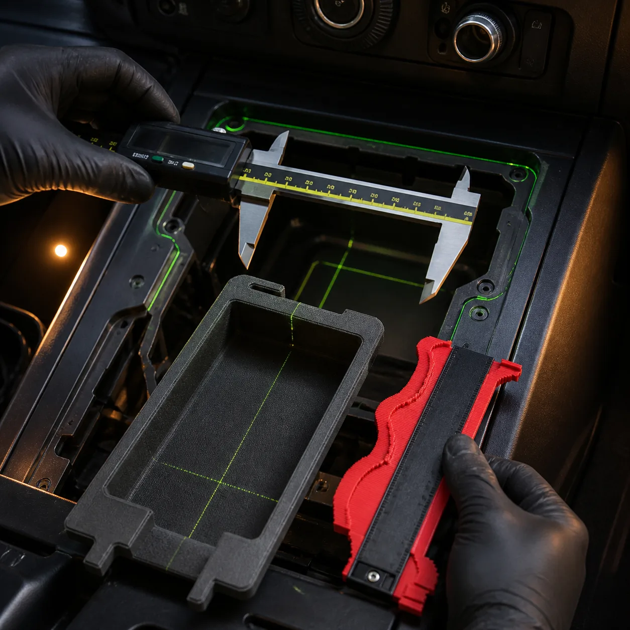 Concept work render of a vehicle console being physically measured