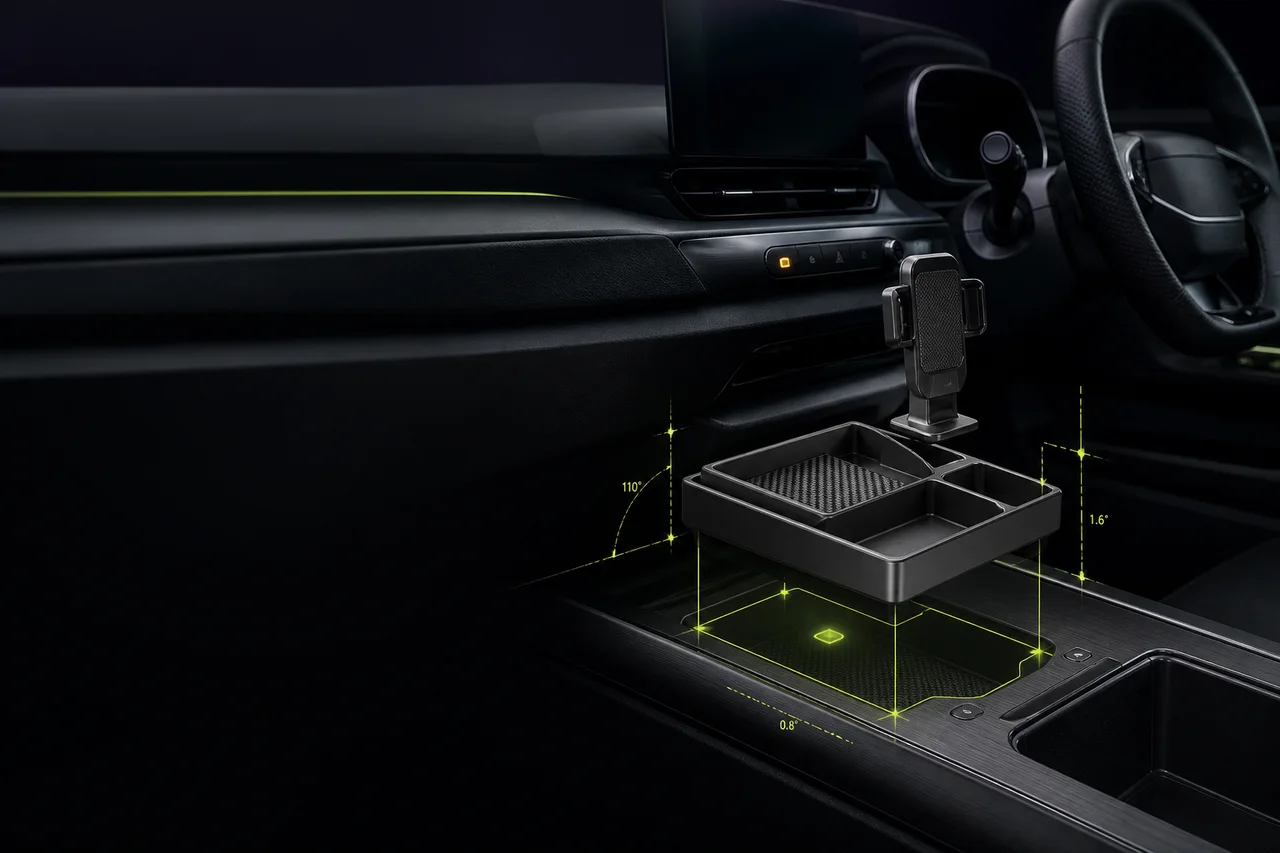 Pre-launch concept poster showing exact-fit accessories arranged in a vehicle cockpit