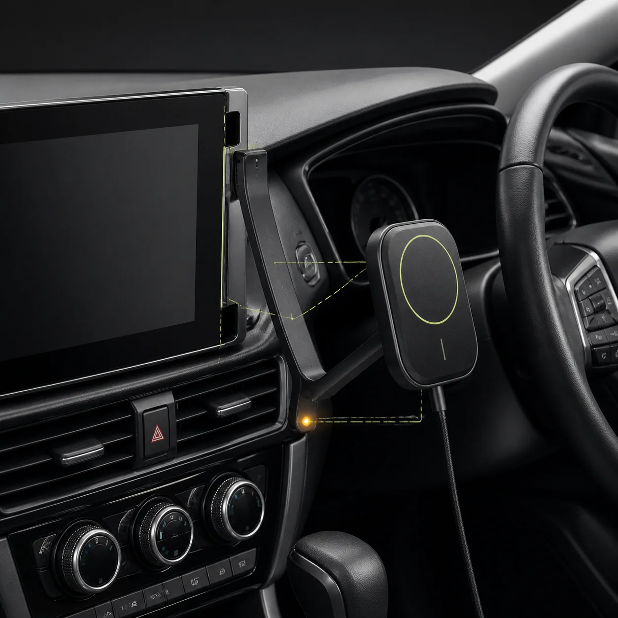 Concept render of a magnetic phone mount integrated beside an unbranded vehicle display