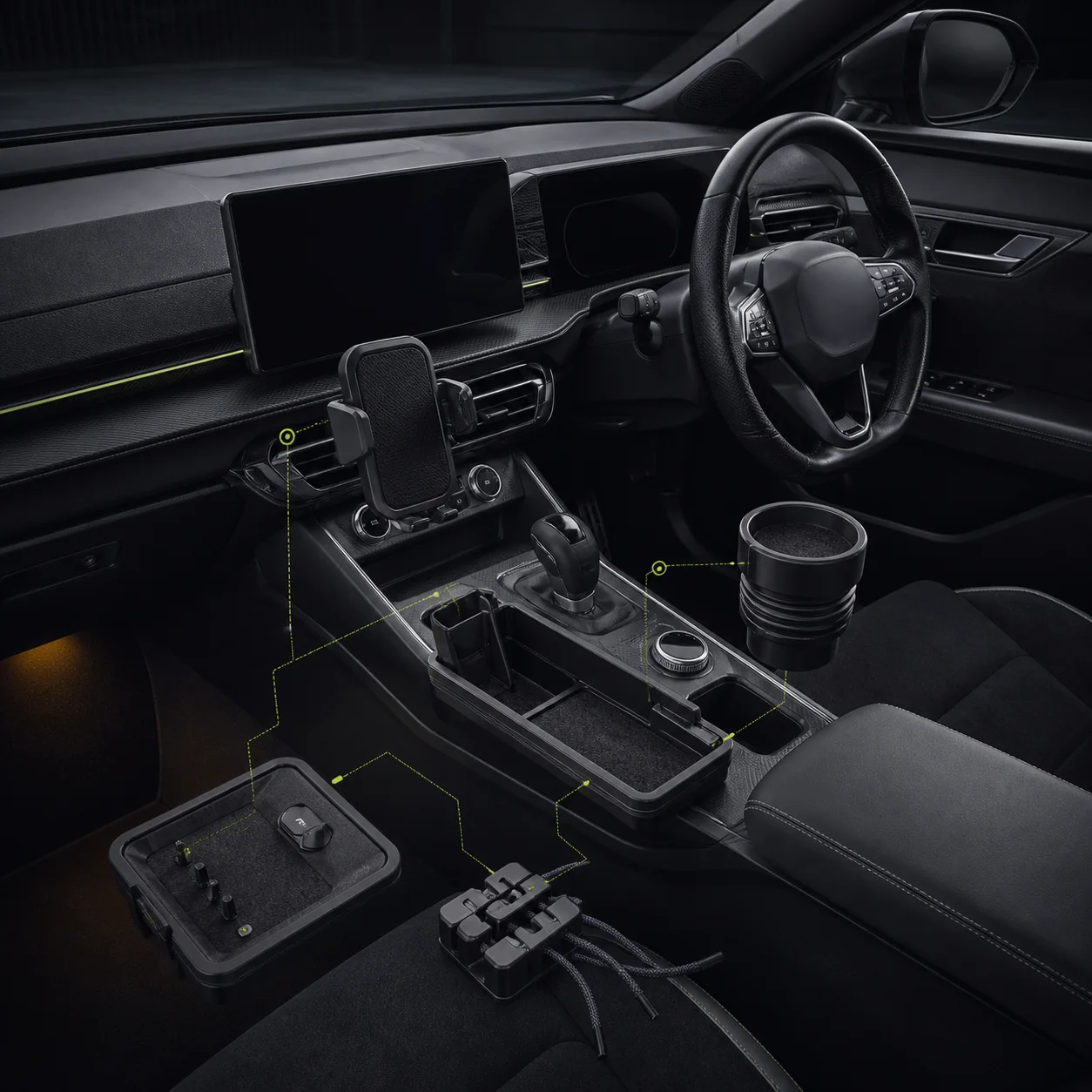 Concept render of a coordinated premium accessory kit across a vehicle cockpit