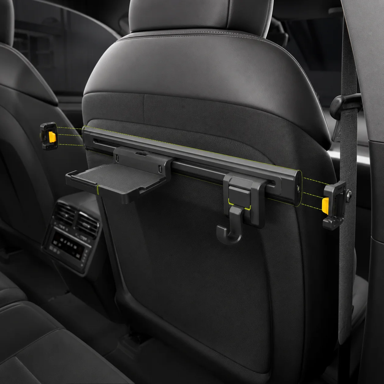 Concept render of a removable rear-seat utility rail with shelf and hook modules